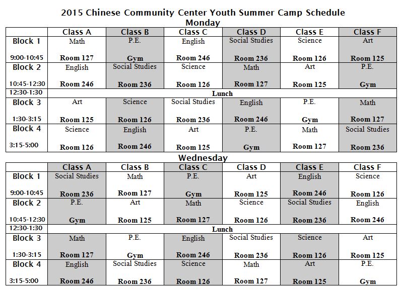 2015 Summer Camp Schedule 1 Chinese Community Center